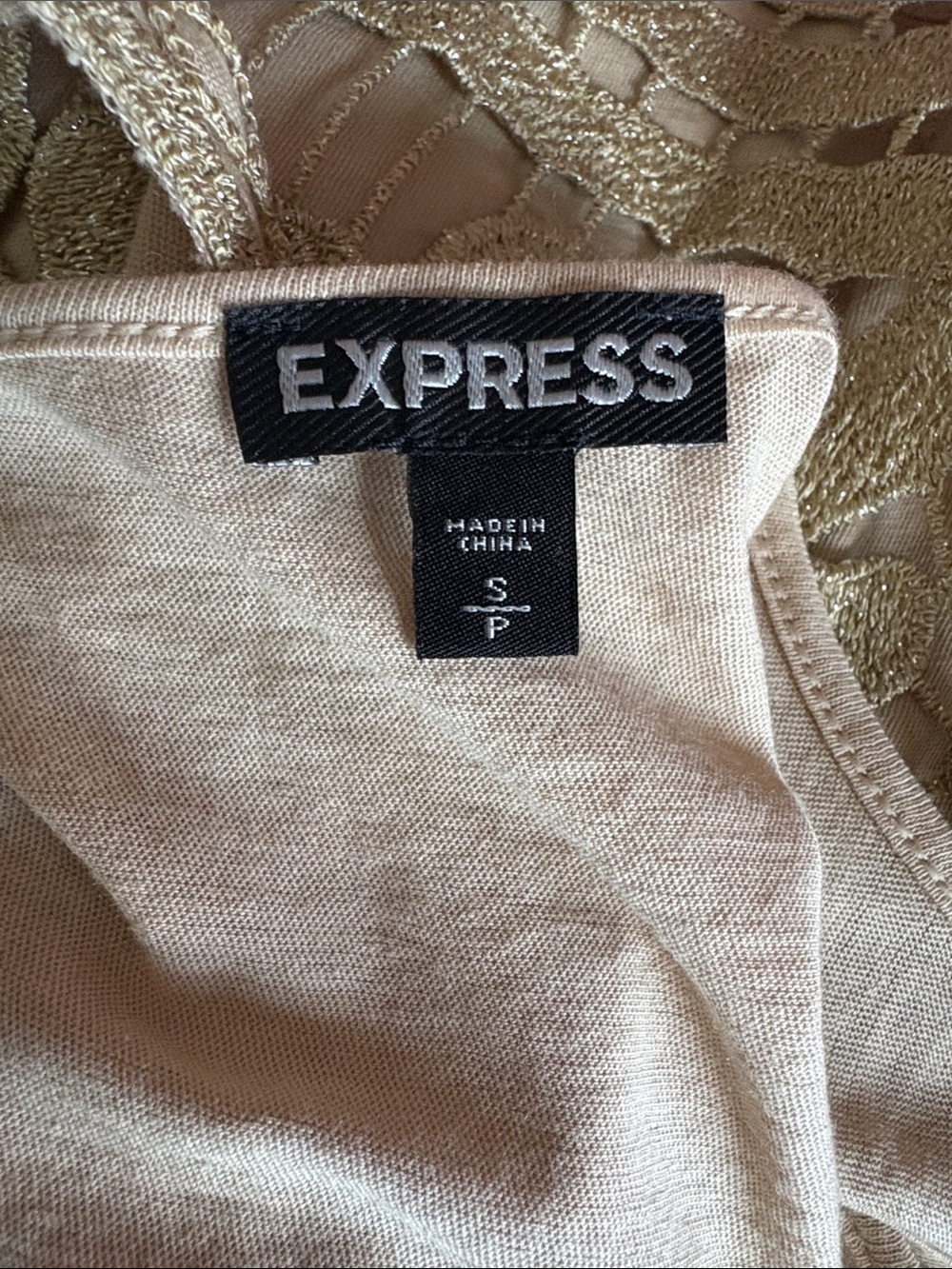 Express  tank top  gold metallic crochet overlays tan cotton lining women’s Sz.S